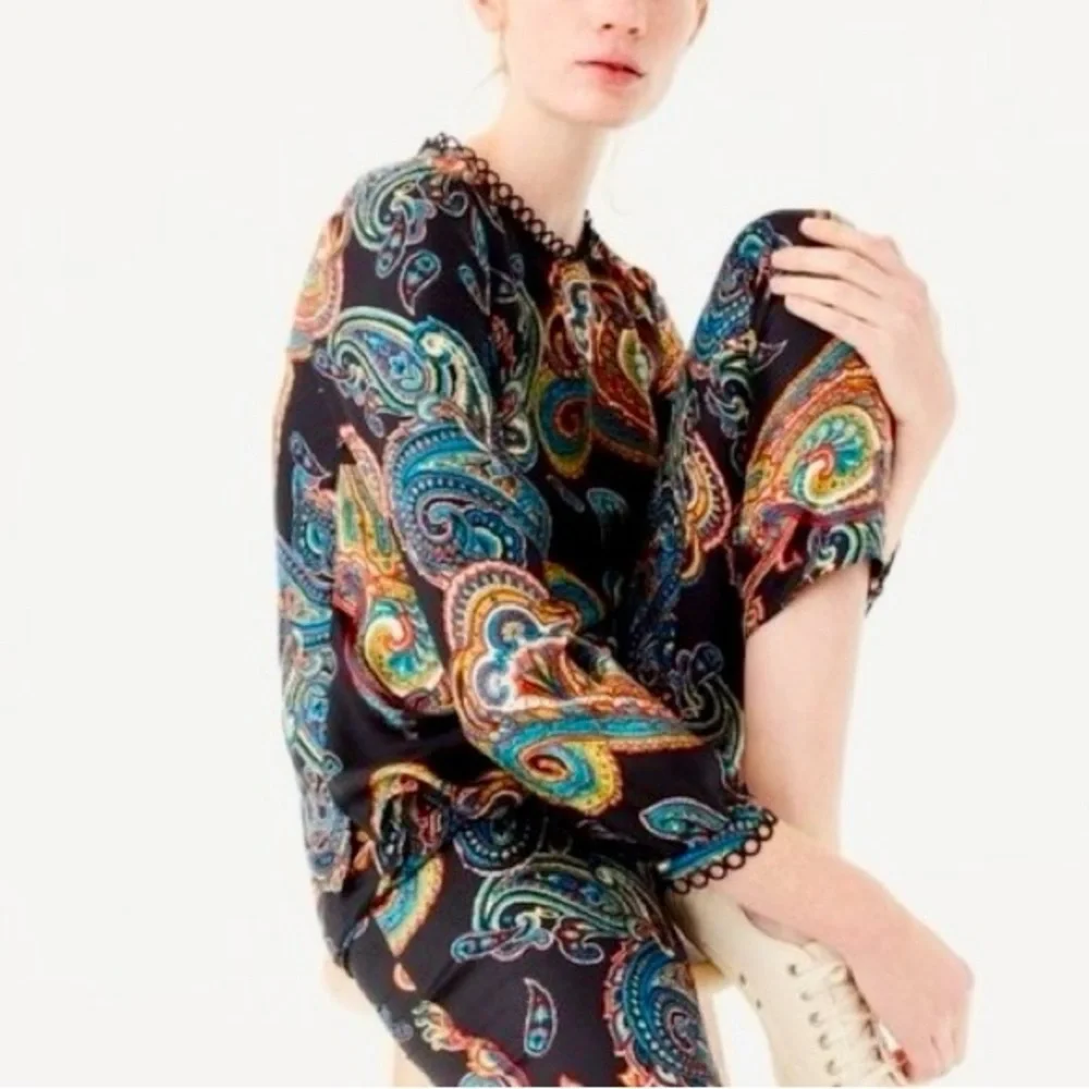 J. CREW 100% Silk Pull-On Pants Black Gold Blue Red Paisley w Pockets